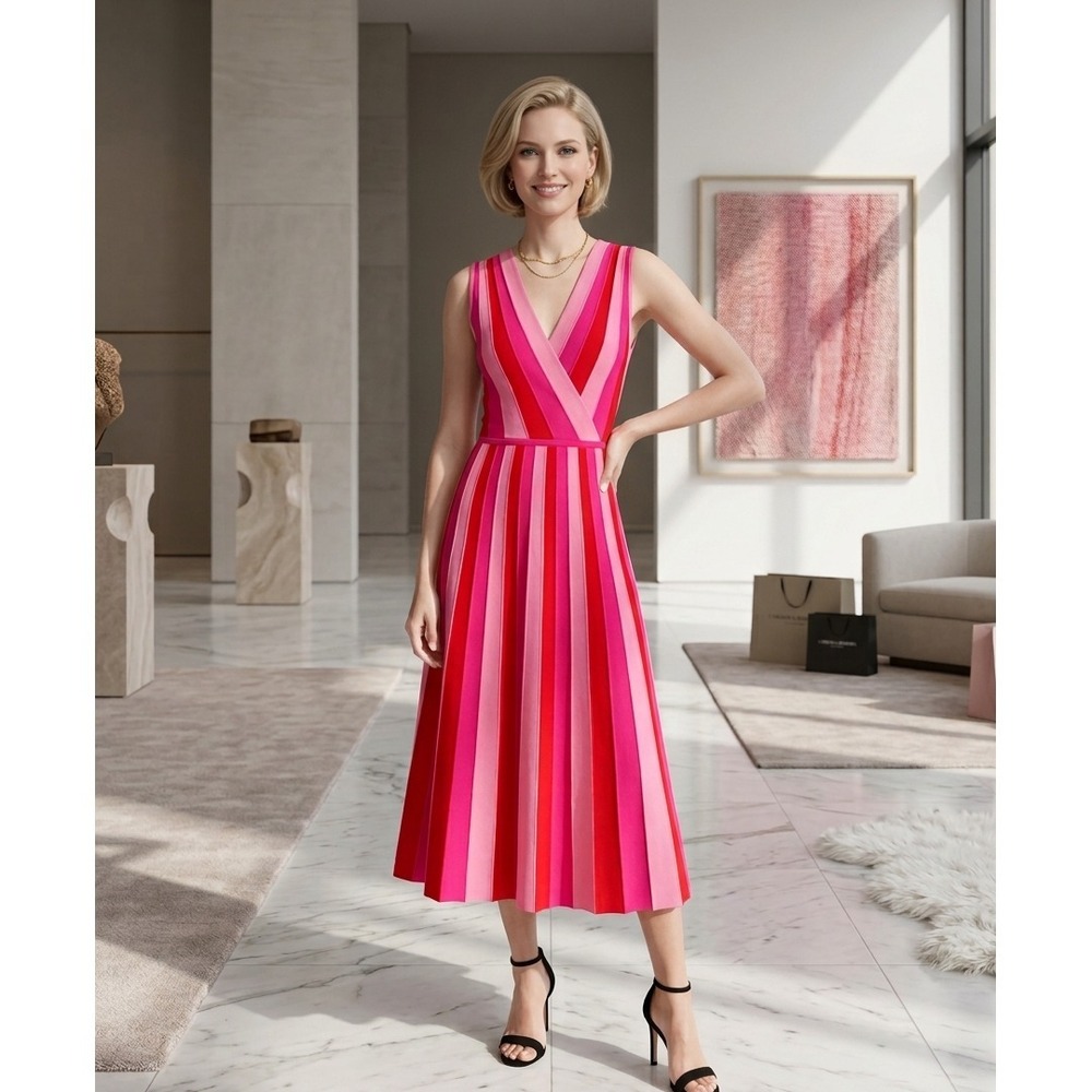 Carolina Herrera Aline Dress pink red Medium stripes faux wrap knit cerise